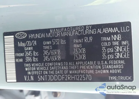 2024 Hyundai Santa Cruz Xrt z USA, uszkodzony, nr VIN 5NTJDDDF2RH122570